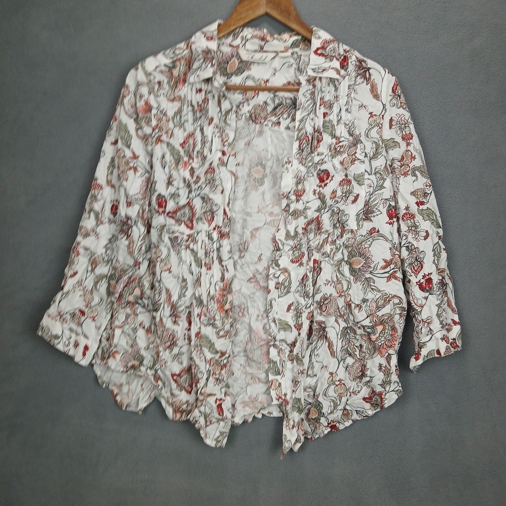 Caffe Marrakesh Top Womens‎ Small White Floral Lined Pleated Preppy Button Up